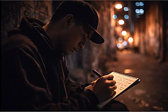 Pluma vs pluma MC escribiendo versos en una libreta, ambiente íntimo y urbano