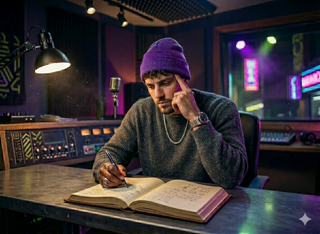 MC escribiendo ideas para reducir muletillas en sus rimas