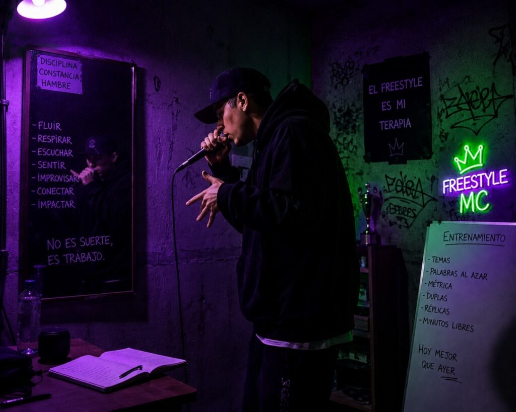 MC mostrando errores comunes entrenando freestyle al practicar distintos flows